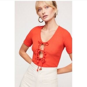 Free People Ribbed Tie Front Red Orange Top Size XS